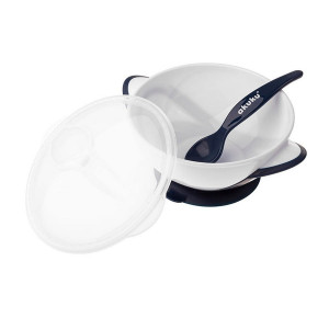 Miseczka z łyżeczką dla dzieci na przyssawce white / navy blue od Akuku