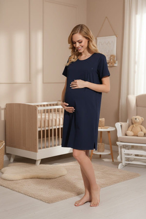 Koszula nocna ciążowa i do karmienia z krótkim rękawem na napy Loop/Granatowa - Dolce Sonno