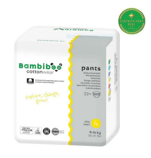 Bambiboo Cottonwear Jednorazowe pieluchomajtki z bawełną organiczną, rozmiar 4 Maxi (9‑14 kg) 22 szt.