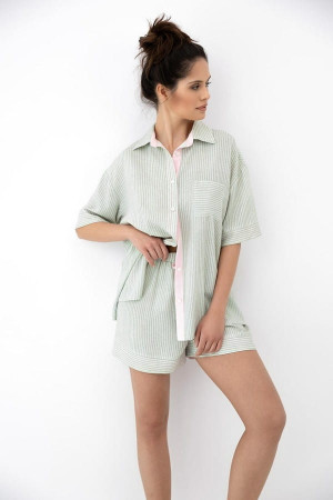 Wiskozowa piżama damska z kołnierzykiem w paski Simona jasny khaki od Sensis