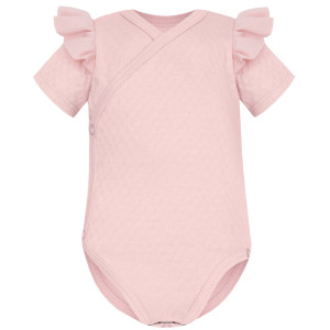 Body kopertowe niemowlęce z krótkim rękawem z falbanką Pudrowy Róż Ażurowe - Dolce Sonno