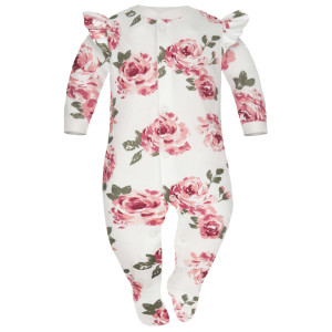 Pajac niemowlęcy z falbanką Białe Róże - Dolce Sonno