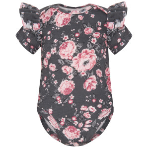 Body dla niemowlaka z krótkim rękawem z falbankami Kwiaty Grafit - Dolce Sonno