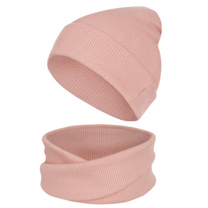 Komplet czapka z kominem dla niemowląt i dzieci, Blush Prążek - Dolce Sonno