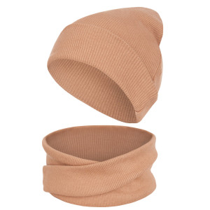 Komplet czapka z kominem dla niemowląt i dzieci, Kawa Prążek - Dolce Sonno