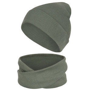 Komplet czapka z kominem dla niemowląt i dzieci, Khaki Prążek - Dolce Sonno