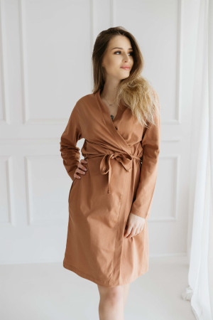 Szlafrok bawełniany z długim rękawem Ciara/Karmel - Dolce Sonno