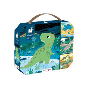 Janod Puzzle progresywne w walizce Dinozaury 4 układanki – 6, 9, 12 i 16 elementów 2+ 