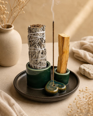 Podstawka ceramiczna na kadzidełka Palo Santo i Pęczek - butelkowe serce