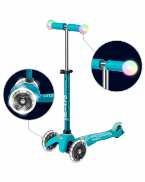 Micro - hulajnoga ze świecącymi kołami i rączkami Mini Micro Deluxe Magic LED Aqua