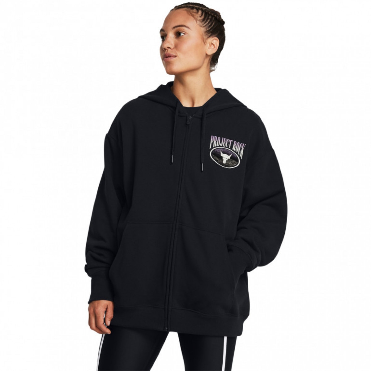 Damska bluza treningowa rozpinana z kapturem Under Armour Project Rock HW Terry FZ OS Q1 - czarna