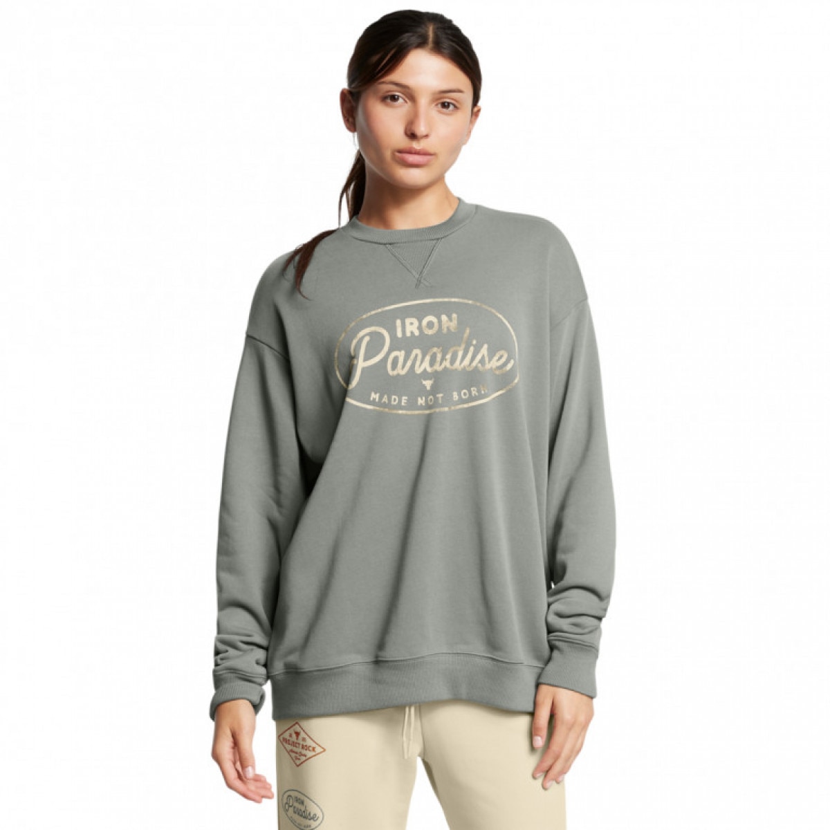 Damska bluza dresowa nierozpinana bez kaptura Under Armour Project Rock W Hwt Crew Tools  - zielona