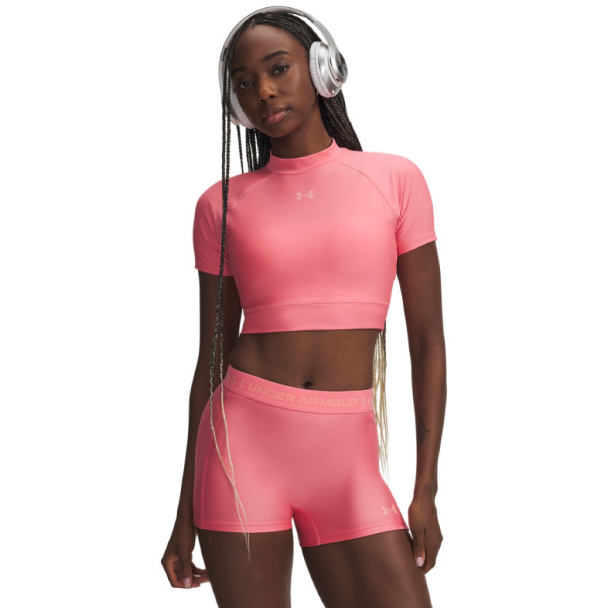 Damska koszulka treningowa Under Armour HeatGear Crop Mock SS - różowa