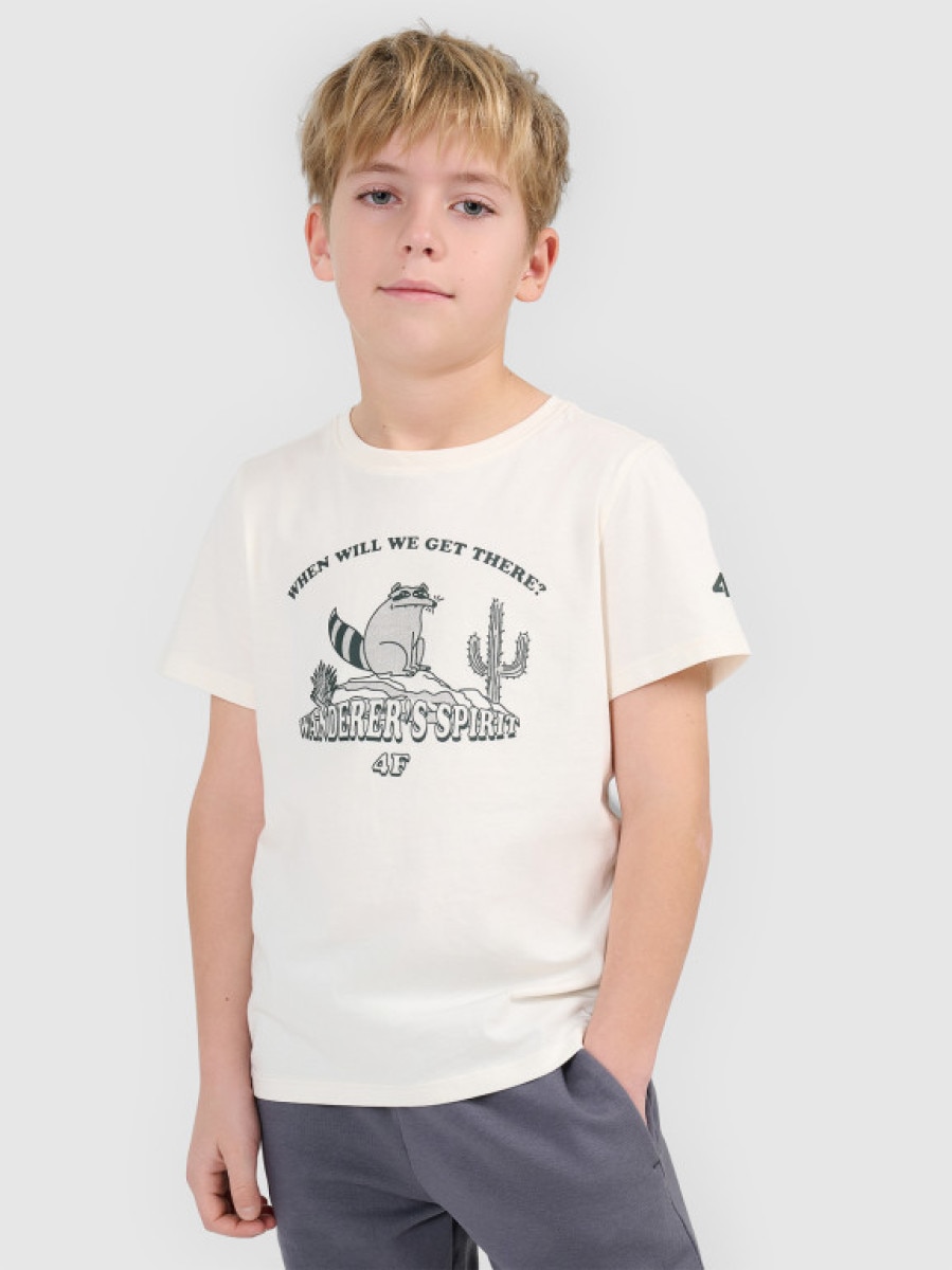 Chłopięcy t-shirt z nadrukiem 4F 4FJWSS26TTSHM2815 - biały