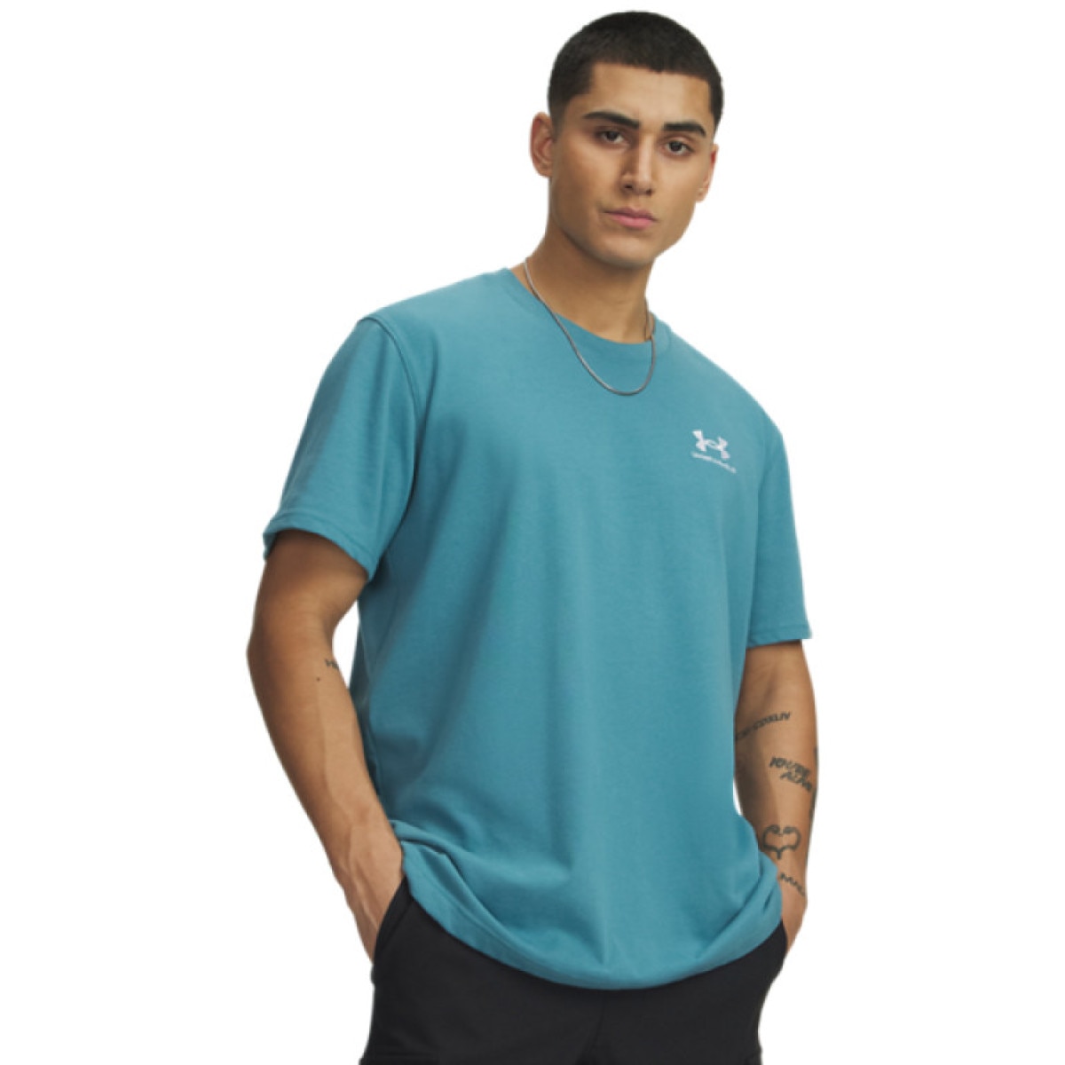Męski t-shirt z nadrukiem Under Armour UA Logo Emb Heavyweight SS - niebieski