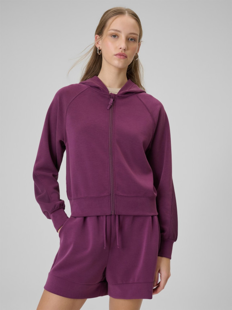 Damska bluza dresowa rozpinana z kapturem 4F 4FWSS26TSWSF2178 - fioletowa