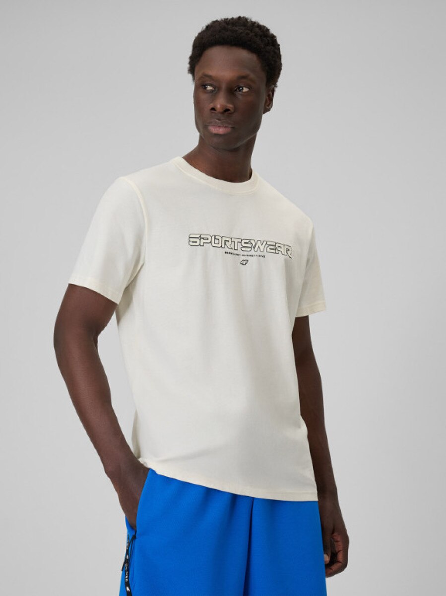 Męski t-shirt z nadrukiem 4F 4FWSS26TTSHM3033 - kremowy