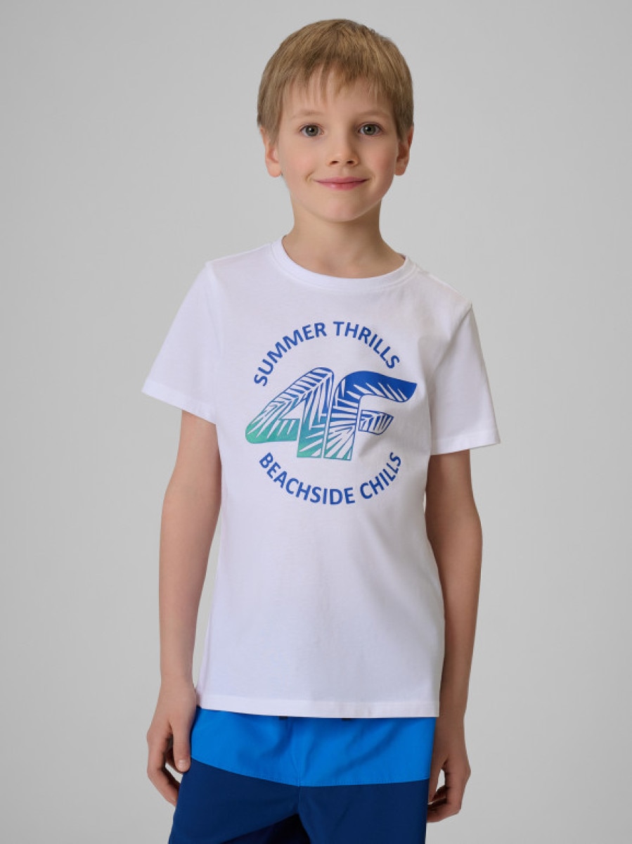 Chłopięcy t-shirt z nadrukiem 4F 4FJWSS26TTSHM3284 - biały