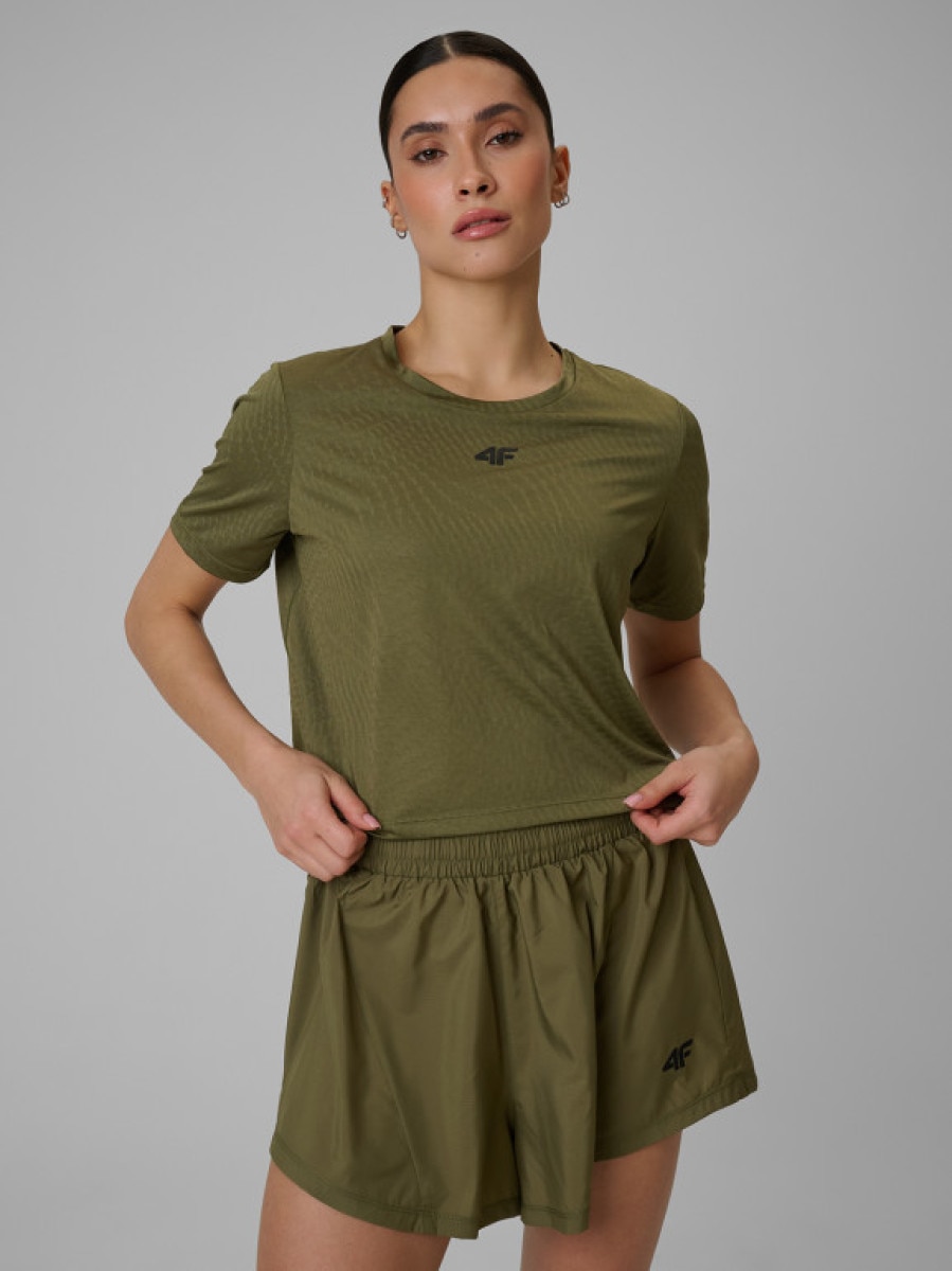 Damski crop top treningowy 4F 4FWSS26TFTSF1806 - khaki