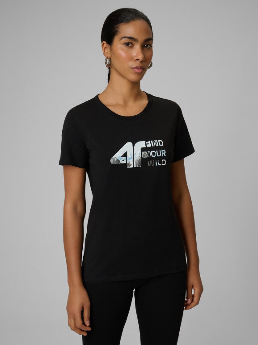 Damski t-shirt z nadrukiem 4F 4FWSS26TTSHF2775 - czarny
