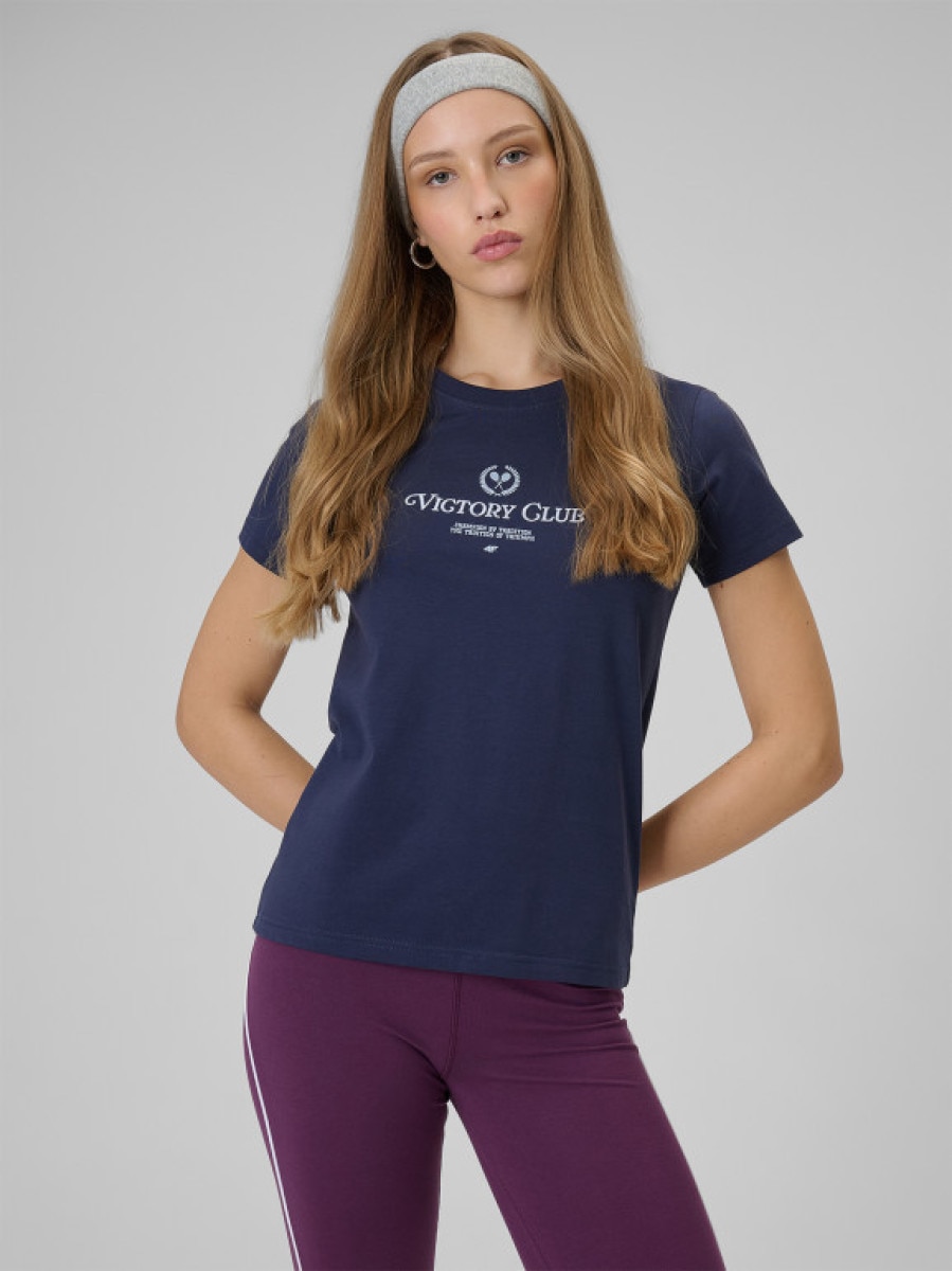 Damski t-shirt z nadrukiem 4F 4FWSS26TTSHF2724 - granatowy