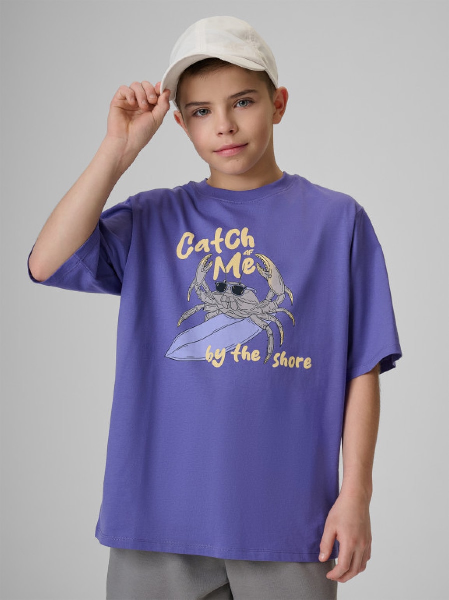 Chłopięcy t-shirt z nadrukiem 4F 4FJRSS26TTSHM3903 - fioletowy