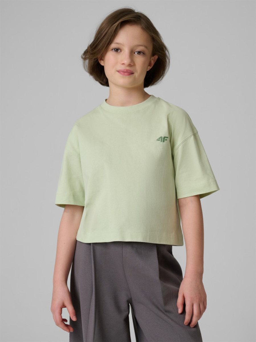 Dziewczęcy t-shirt bez nadruku 4F 4FJRSS26TTSHF3841 - miętowy