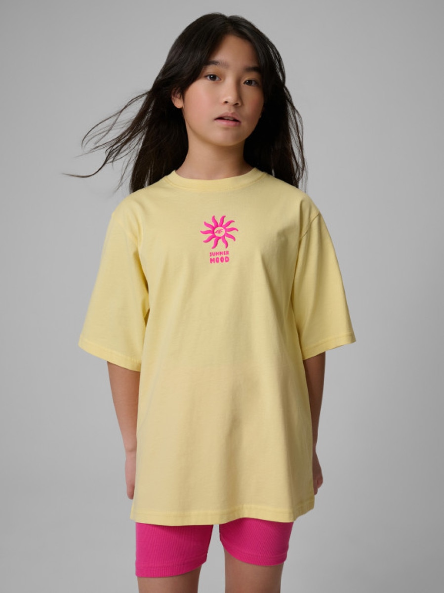 Dziewczęcy t-shirt z nadrukiem 4F 4FJWSS26TTSHF2940 - żółty
