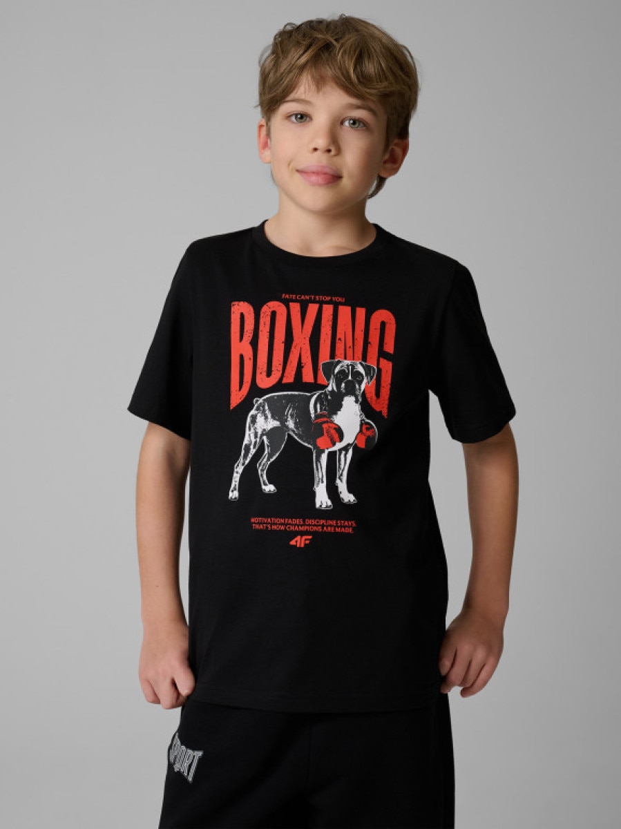 Chłopięcy t-shirt z nadrukiem 4F 4FJRSS26TTSHM3830 - czarny