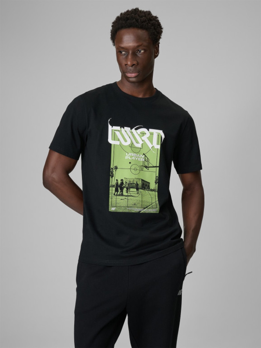 Męski t-shirt z nadrukiem 4F 4FRSS26TTSHM3770 - czarny