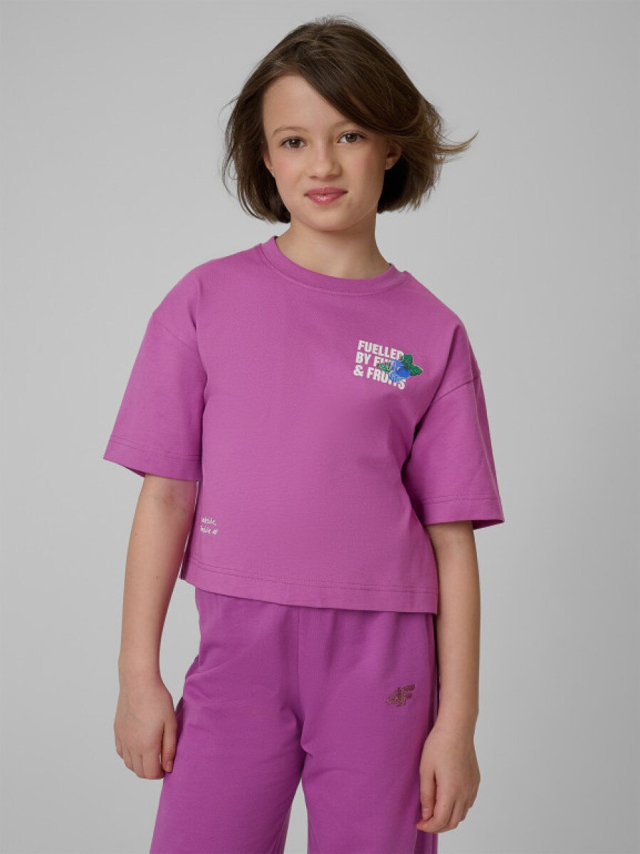 Dziewczęcy t-shirt z nadrukiem 4F 4FJRSS26TTSHF3827 - fioletowy