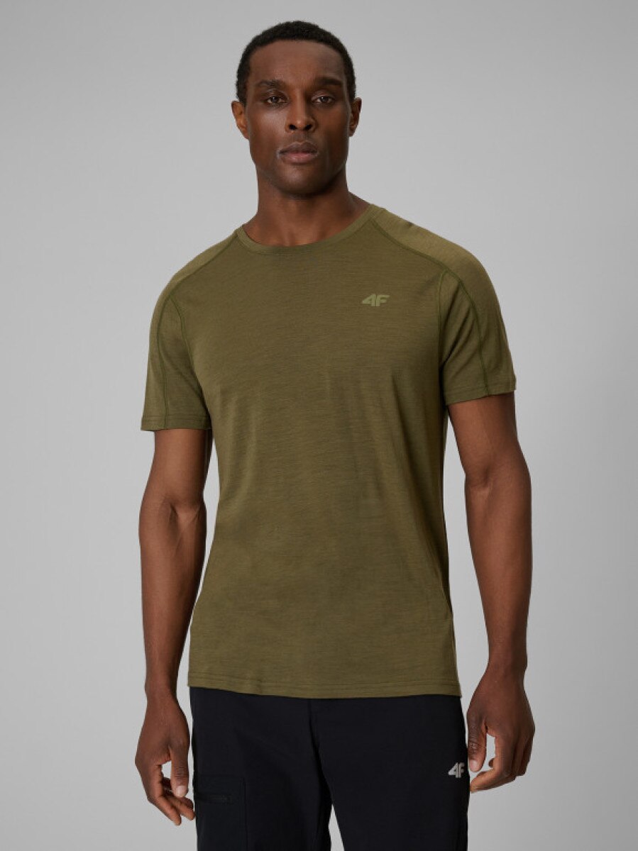 Męska koszulka trekkingowa z wełną merino 4F 4FWSS26TFTSM1798 - khaki