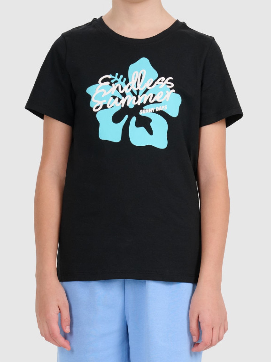 Dziewczęcy t-shirt z nadrukiem 4F 4FJWSS26TTSHF2938 - czarny