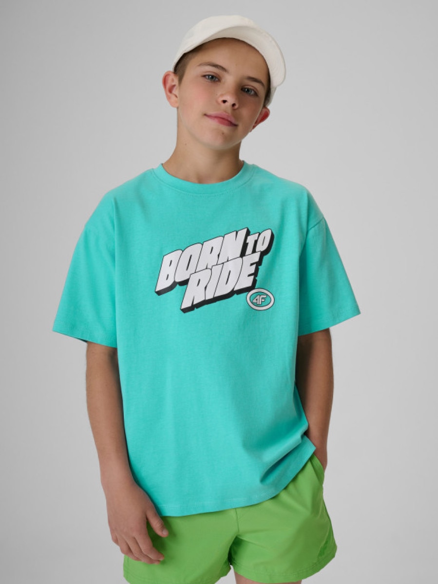 Chłopięcy t-shirt z nadrukiem 4F 4FJRSS26TTSHM4174 - miętowy