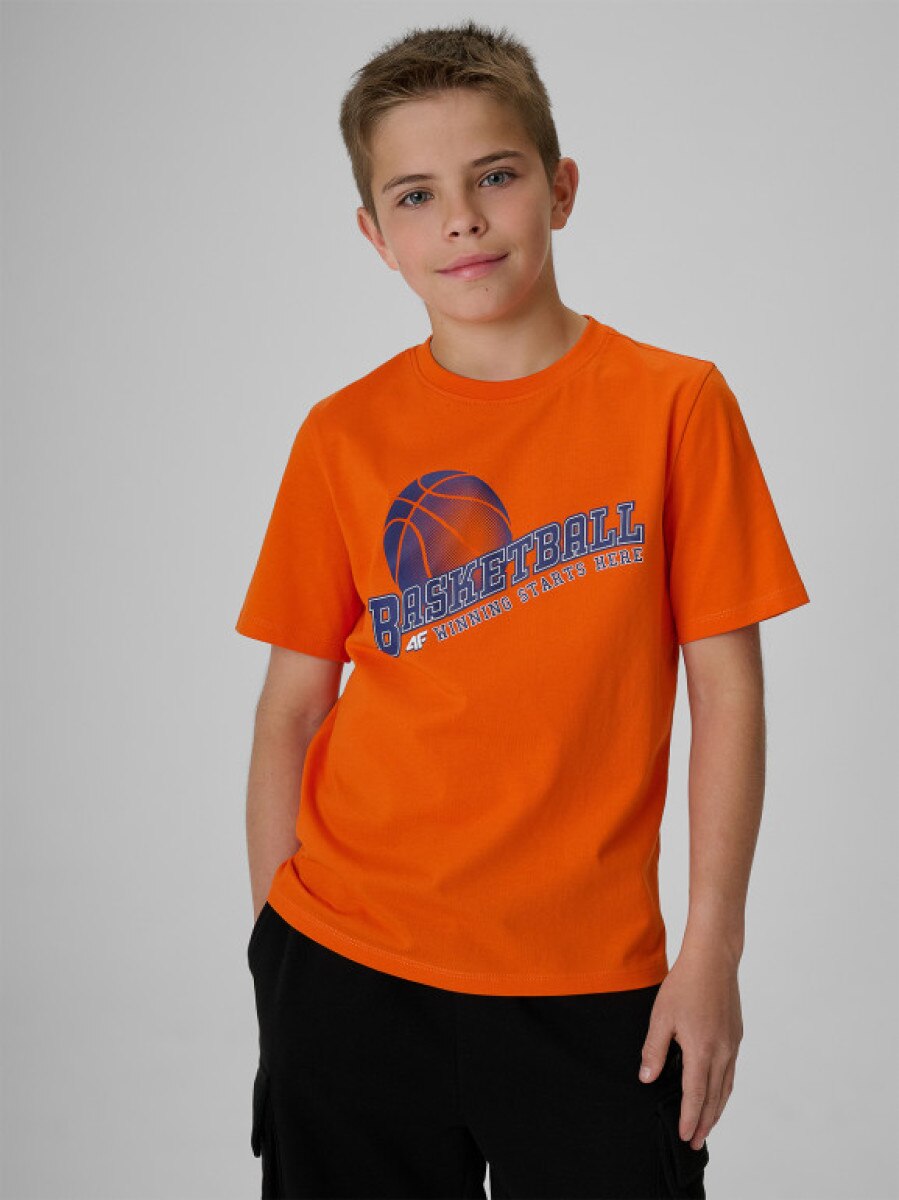 Chłopięcy t-shirt z nadrukiem 4F 4FJRSS26TTSHM4278 - pomarańczowy