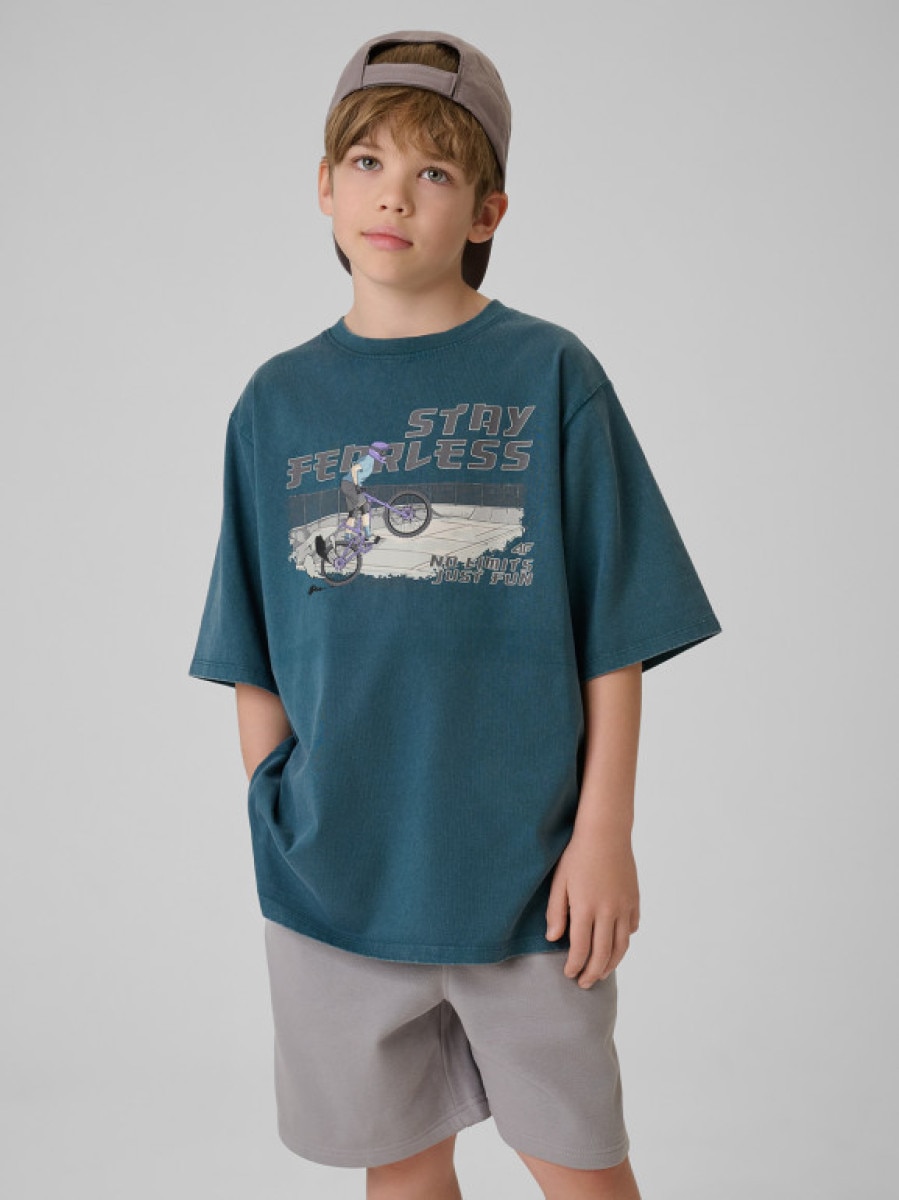 Chłopięcy t-shirt z nadrukiem 4F 4FJRSS26TTSHM4279 - turkusowy