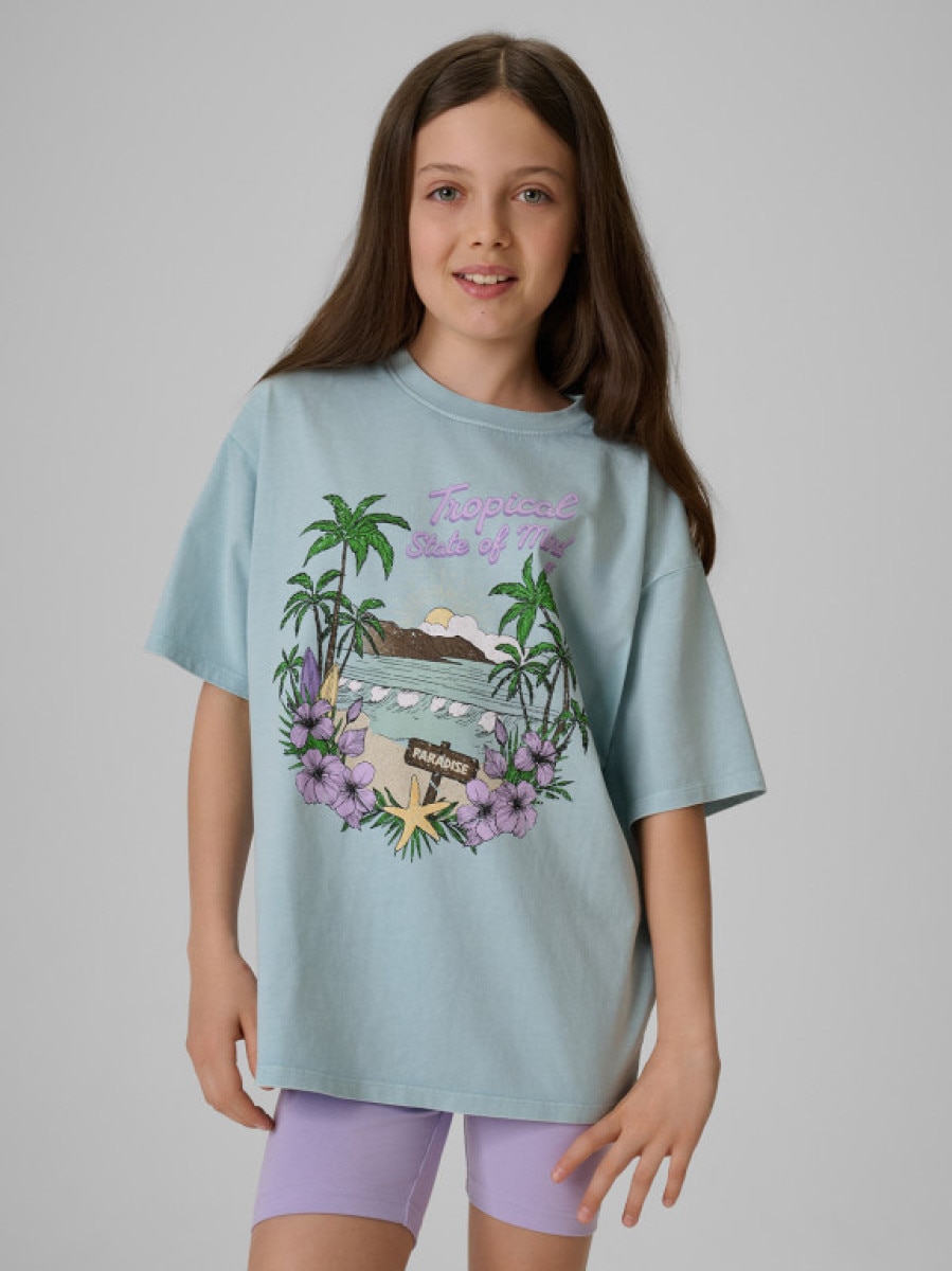 Dziewczęcy t-shirt z nadrukiem 4F 4FJRSS26TTSHF3981 - niebieski