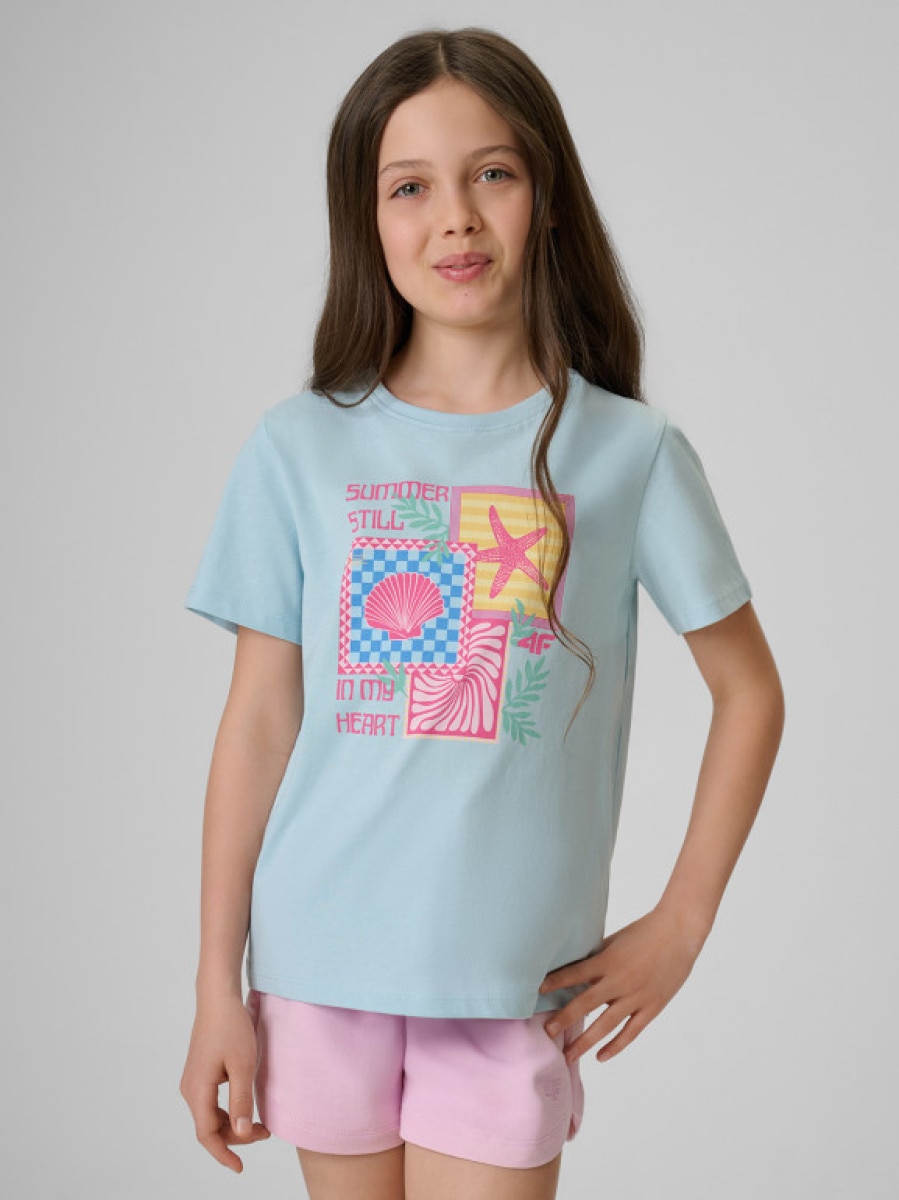 Dziewczęcy t-shirt z nadrukiem 4F 4FJRSS26TTSHF4418 - niebieski