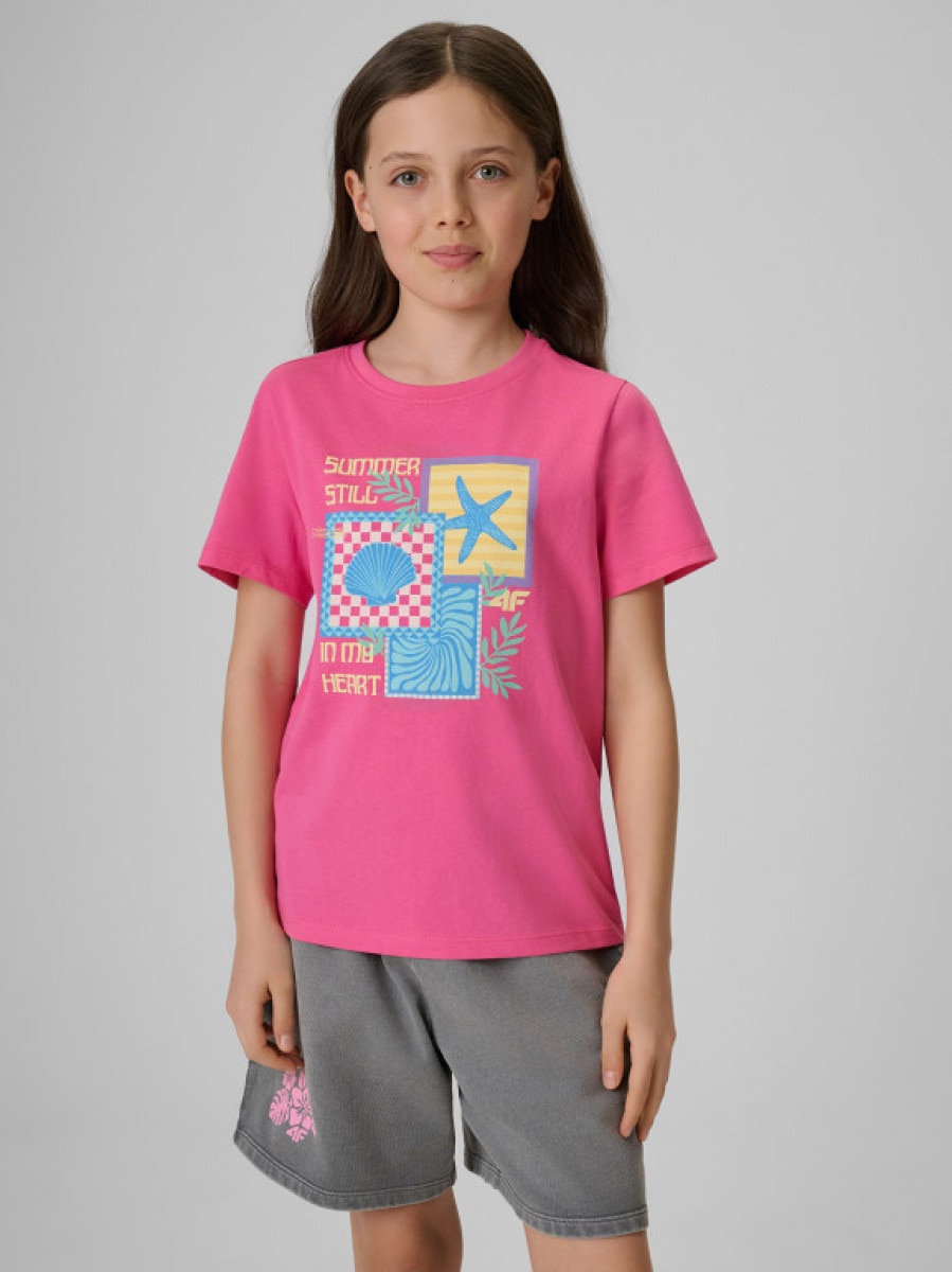 Dziewczęcy t-shirt z nadrukiem 4F 4FJRSS26TTSHF4418 - różowy