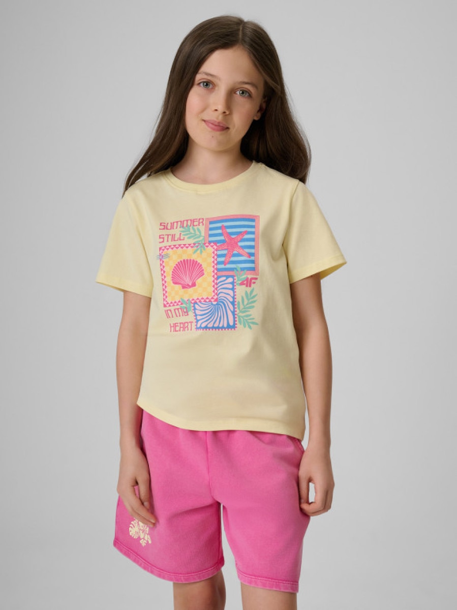 Dziewczęcy t-shirt z nadrukiem 4F 4FJRSS26TTSHF4418 - żółty
