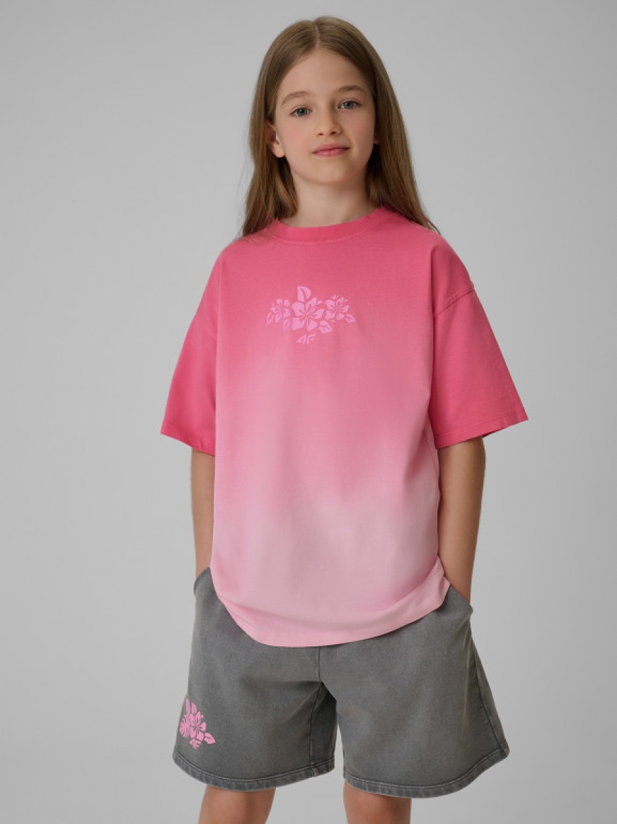 Dziewczęcy t-shirt z nadrukiem 4F 4FJRSS26TTSHF4186 - różowy