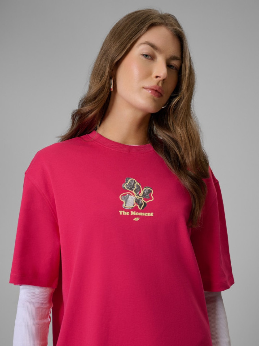 Damski t-shirt z nadrukiem 4F 4FRSS26TTSHF3706 - różowy