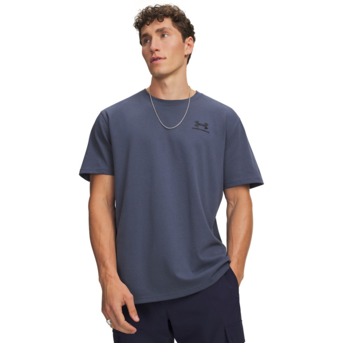 Męski t-shirt z nadrukiem Under Armour UA Logo Emb Heavyweight SS - granatowy