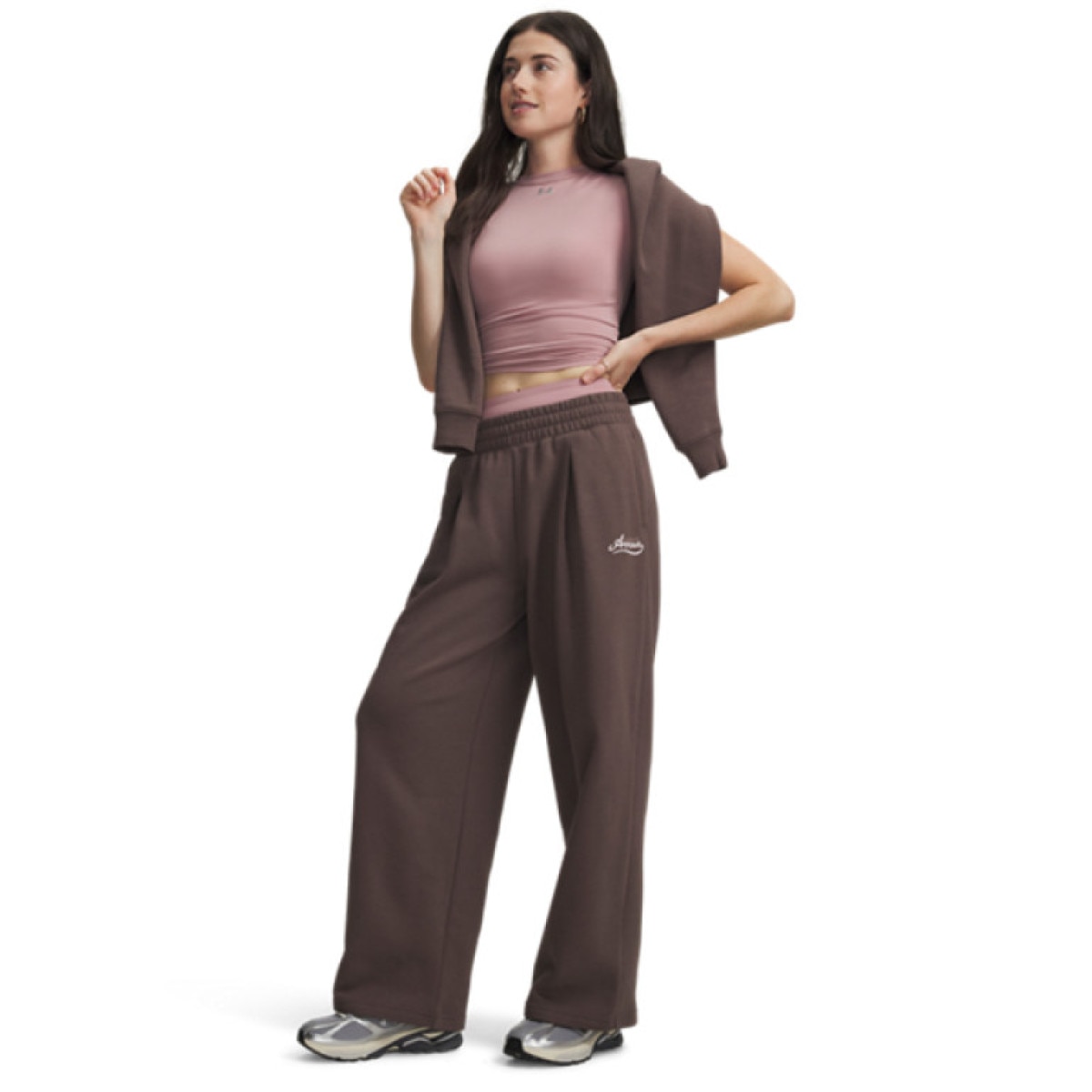 Damskie spodnie Under Armour RIVAL PLEATED VARSITY PANT - brązowe