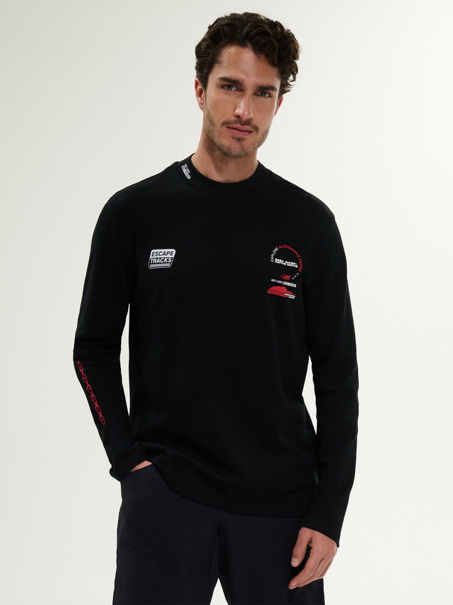 Męski longsleeve z nadrukiem 4F4FRSS26TLONM679 - czarny