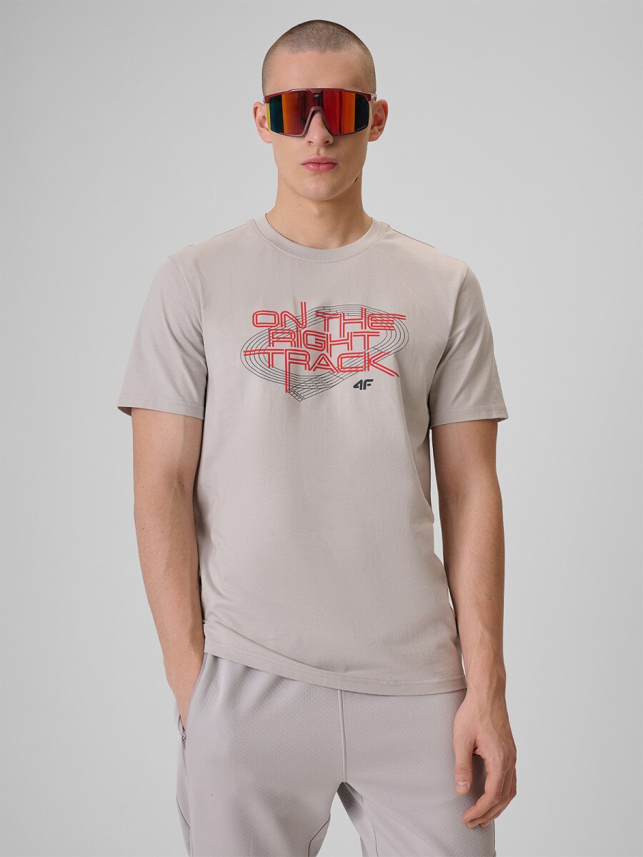 Męski t-shirt z nadrukiem 4F 4FRSS26TTSHM3804 - beżowy