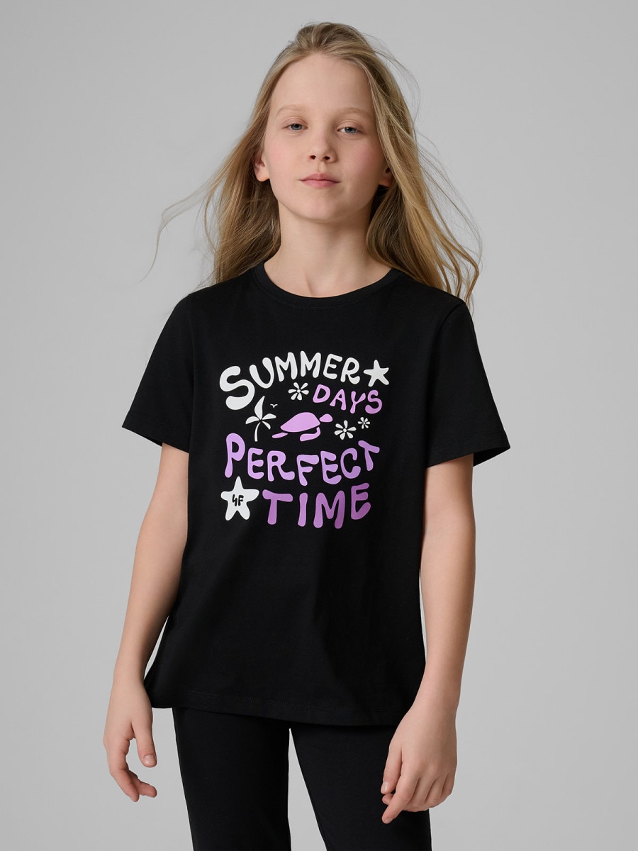 Dziewczęcy t-shirt z nadrukiem 4F 4FJRSS26TTSHF3913 - czarny