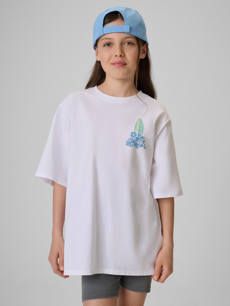 Dziewczęcy t-shirt z nadrukiem 4F 4FJRSS26TTSHF3980 - biały
