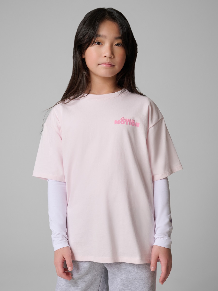 Dziewczęcy t-shirt z nadrukiem 4F 4FJRSS26TTSHF4137 - różowy