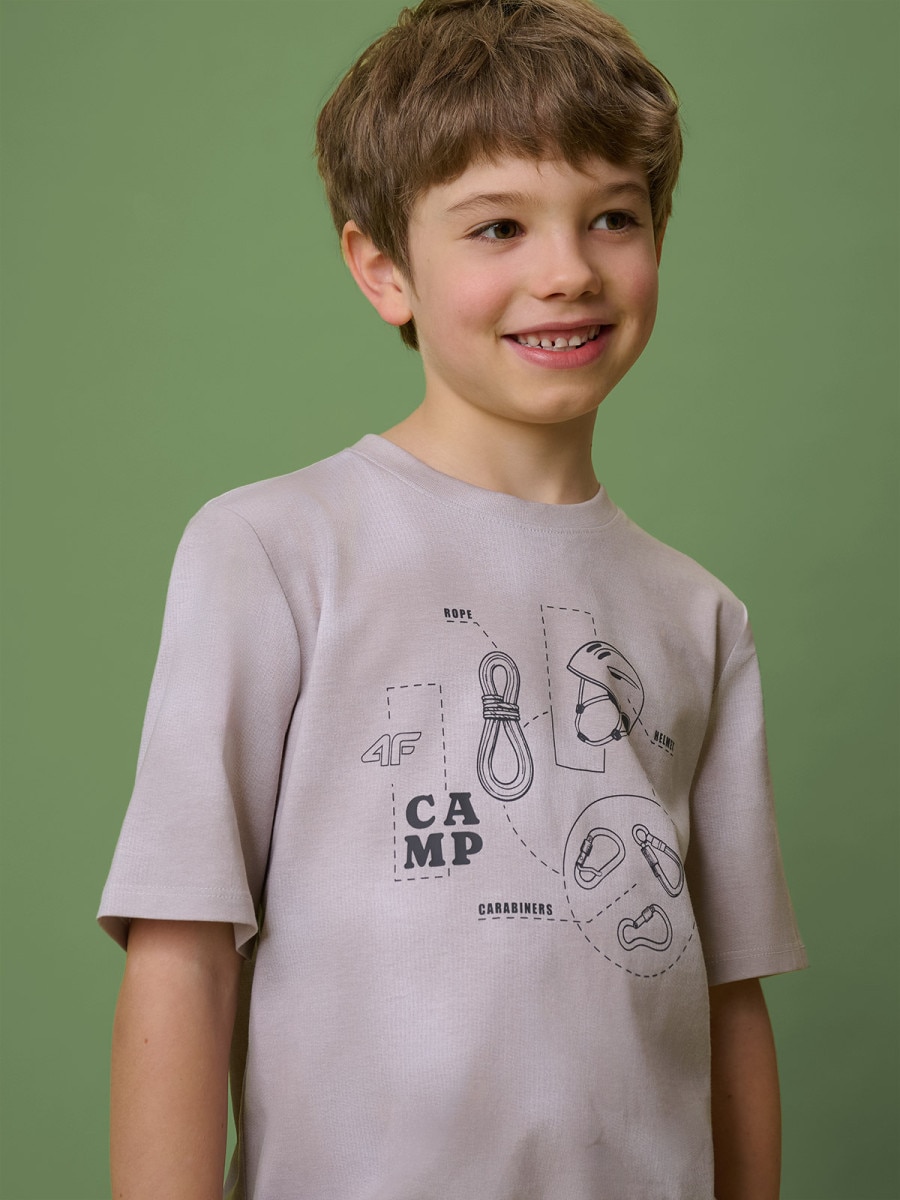 Chłopięcy t-shirt z nadrukiem 4F 4FJRSS26TTSHM3693 - beżowy